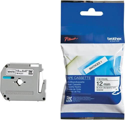 Brother M-K231 12mm Black on White Tape